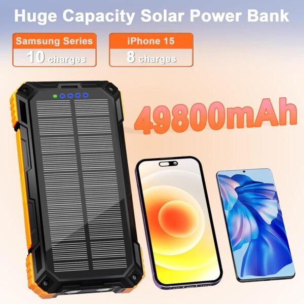 WONGKUO Solar Charger Power Bank - 49800mAh Solar Phone Charger with USB-C in/Output, QC 3.0 Fast Charging with LED Flashlight, Portable Power Bank Built-in 4 Cables, IP65 Waterproof Fits for Outdoor - Image 2