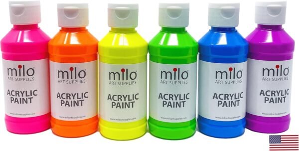 milo Fluorescent Acrylic Paint Set of 6 Colors | 4 oz Bottles | Student Neon Colors Acrylics Painting Pack | Made in the USA | Non-Toxic Art & Craft Paints for Artists, Kids, & Hobby Painters
